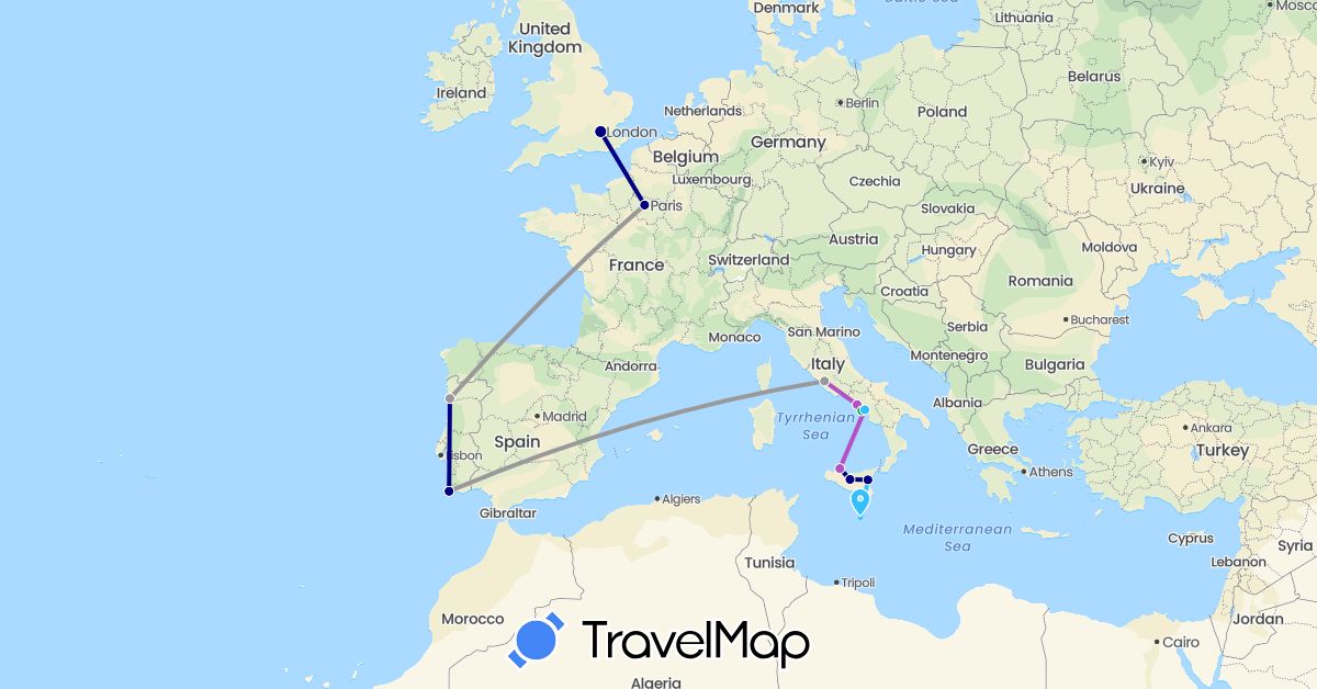 TravelMap itinerary: driving, bus, plane, train, boat in France, United Kingdom, Italy, Malta, Portugal (Europe)